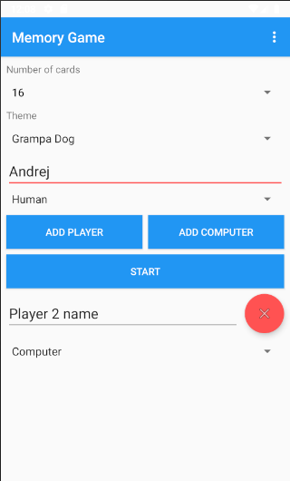 Memory Game App Main Menu Screen